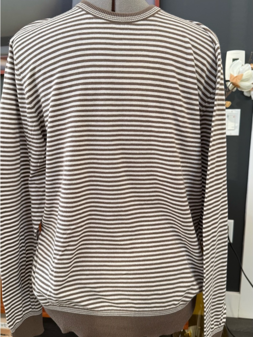 Men's Brown and White Striped Crewneck Sweater